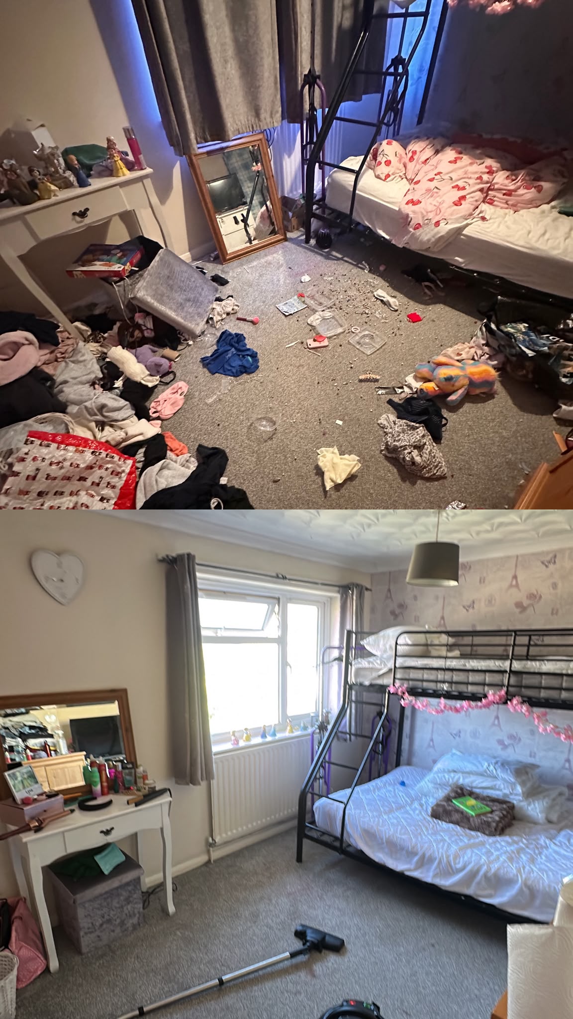 Bunk bedroom before and after a deep clean by Mya's Maids
