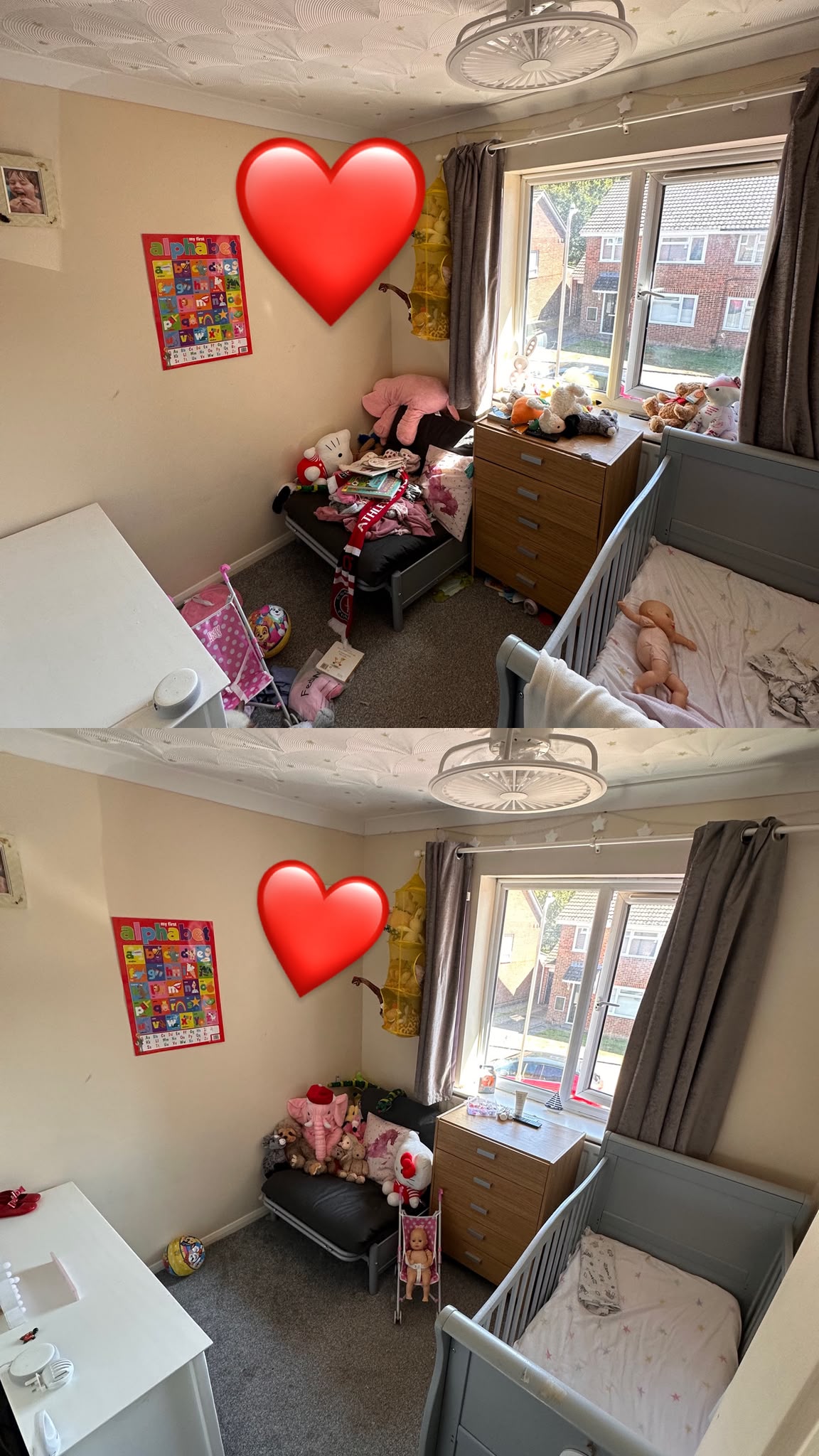 Children's bedroom before and after cleaning by Mya's Maids